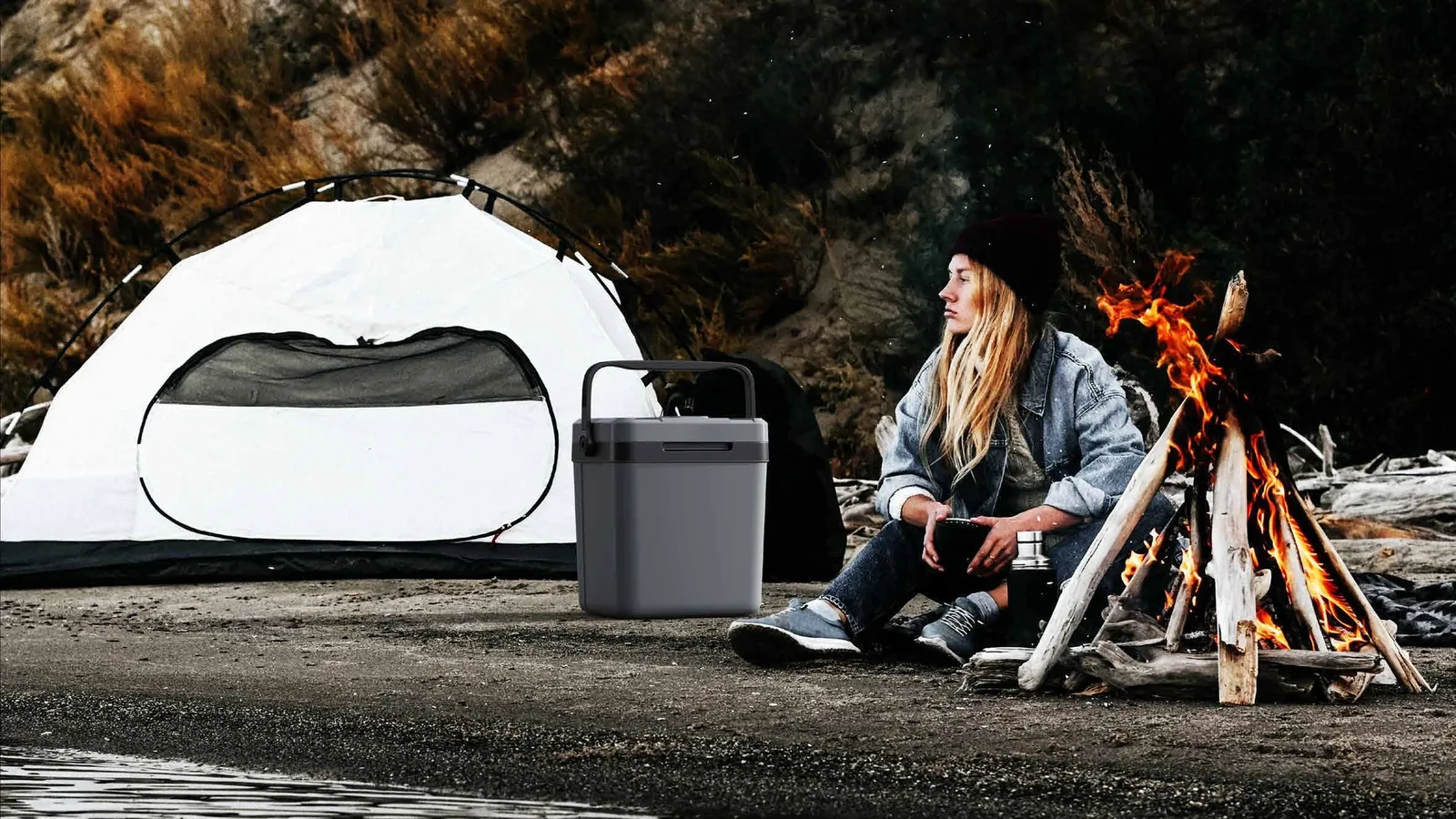 Portable refrigerator at a campsite